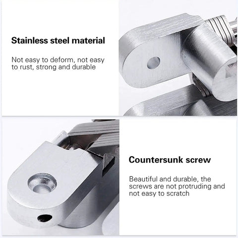 Close-up of stainless steel concealed cross hinges with countersunk screw, Stealth Hidden Concealed Cross Hinges Set Two Pack Two Point Seven Six Inch 180 Degree Folding Zinc Alloy Hinges for Cabinets Cupboards and Wooden Boxes with Screws Durable Invisible Hinge for Crafts and DIY Projects