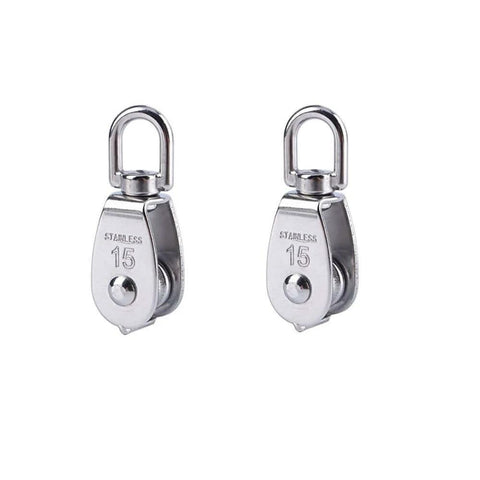 Front view of two Stainless Steel Wire Rope Crane Pulley Block M15 Lifting Crane Swivel Hook Single Pulley Block Hanging Wire Towing Wheel