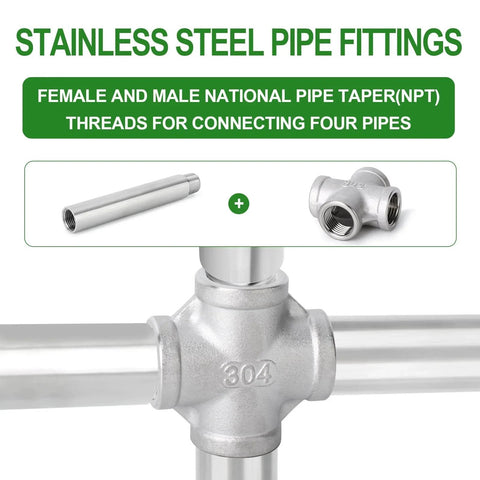 Two Pack Stainless Steel Four Way Pipe Fittings NPT Female Cross For One Half Inch Pipe Connections