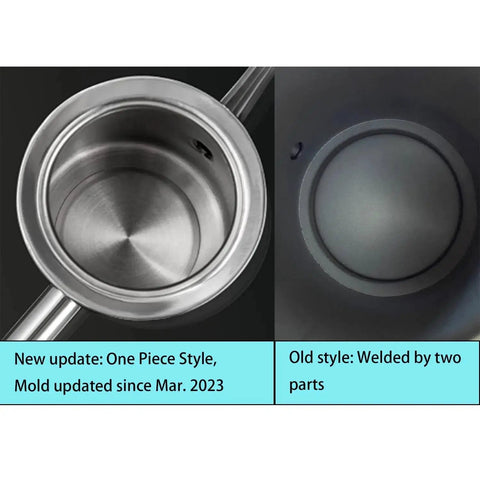 Top view of Premium Stainless Steel Olive Oil Dispenser For Precision Pouring And Pro Grade Kitchen Style Leakproof Cruet With Ergonomic One Piece Body Long Narrow Spout And Arc Handle 24 Ounce 700 Milliliters SUS304 18 10 Construction By KSENDALO, displaying one-piece and welded designs.