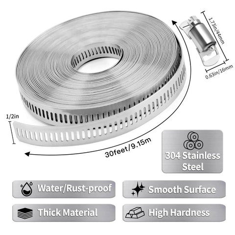 DIY Cut To Fit Hose Clamp Kit With 30 Feet Strap And 30 Fasteners In Stainless Steel Large Worm Gear Band Clamp Assortment