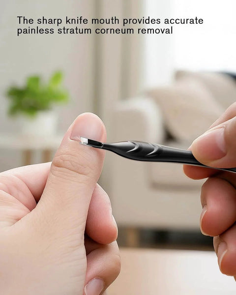 Close-up of hand using black 2 In 1 Cuticle Pusher And Trimmer With Fork Stainless Steel Nail Care Tool for precise cuticle removal