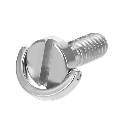Close-up of a single D-ring stainless steel camera fixing screw, part of a Two Pack One Quarter Twenty Thread D Ring Stainless Steel Camera Fixing Screws For Tripod Mounts And Quick Release Plates Durable Rust Resistant Construction Suitable For DSLR And Mirrorless Cameras Camcorders And Mounting Heads set.
