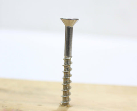 Close-up of #10 x 2-1/2 Inch Stainless Steel Deck Screw with Flat Head and Type 17 Wood Cutting Point