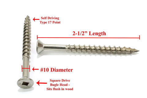 #10 x 2-1/2 Inch Stainless Steel Deck Screws, 18-8 305 Grade Square Drive Screws with Type 17 Wood Cutting Point, Flat Head with Nibs
