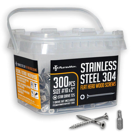 Bulk box of #10x2 Stainless Steel Deck Screws, 304 Grade, 300 PCS with T25 Star Drive Bit, corrosion resistant, for outdoor use.