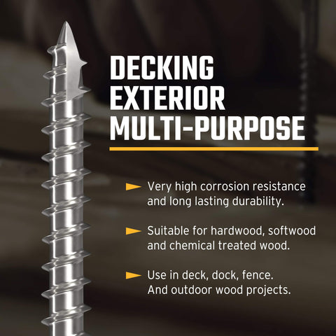 #10x2 Stainless Steel Deck Screws, 304 Grade, shown with corrosion resistance features for outdoor wood projects