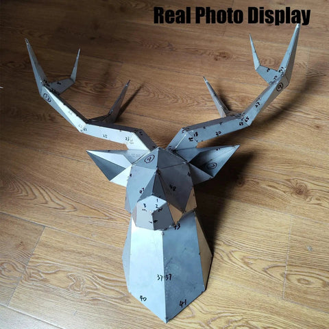 Beginner Welding Practice Kit With 201 Stainless Steel Coupons 15 Pieces showcasing a completed deer head sculpture on wood floor