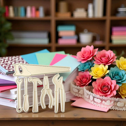 Stainless Steel Die Cutting Dies For Scrapbooking And Card Making on desk with colorful craft papers and artificial flowers