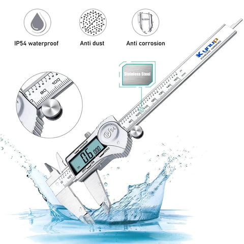 Digital Caliper, Caliper Measuring Tool Outside Micrometer in water, Stainless Steel, IP54 Splash Proof, Large LCD Screen