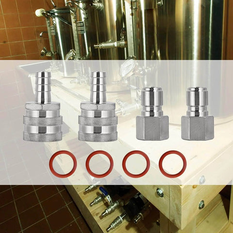 Stainless Steel Quick Disconnect Set For Wort Brewing Gear, 1/2 Inch NPT Female And 1/2 Inch Barb, Food Grade Silicone O-Rings, 2 Pair