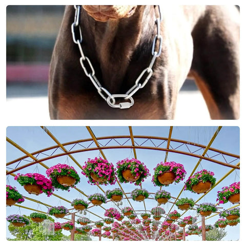 1/8" 6.5Ft stainless steel link chain on dog, heavy duty 3mm 304 steel, 75 LBS load bearing with 2 locking snap hooks for decor hanging