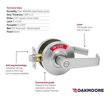 Commercial Door Handle With Vacant Occupied Indicator Restroom Lock for Public Bathrooms and Industrial Buildings, lever view
