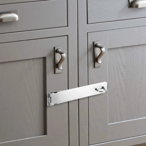 2 Pack 8 Inch Heavy Duty Door Hasp Latch Stainless Steel Padlock Hasp Lock With Screws shown securing cabinet doors