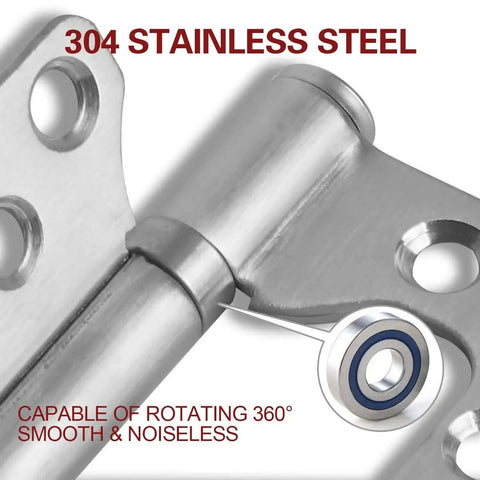 Close-up of 304 stainless steel hinge showing smooth noiseless rotation, part of 12 Pack Stainless Steel Door Hinges 4 By 3 Inch Non Mortise.