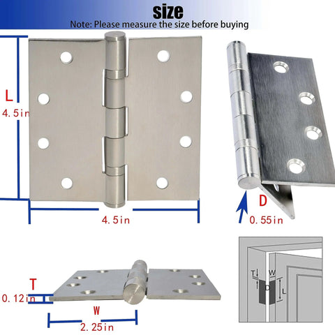 6-Pack 4.5 inch X 4.5 inch Heavy Duty Commercial Door Hinge Thickened, with Silent Steel Plain Ball Bearing, Thickness 3 mm Stainless Steel