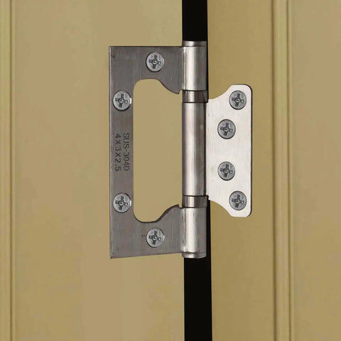 Close-up of 12 Pack Stainless Steel Door Hinges 4 By 3 Inch Non Mortise With Mounting Hardware installed on interior door.