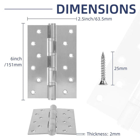 Six Pack Ball Bearing Door Hinges With Square Corners 6 X 4 Inch Heavy Duty Stainless Steel Hinges in Brushed Nickel Finish with Mounting Screws