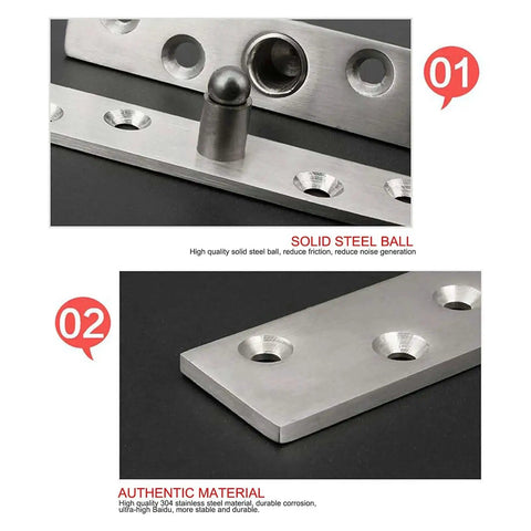 2.9 Inch Stainless Steel Hidden Door Hinges, close-up of countersunk holes and solid steel ball for smooth 360-degree rotation.