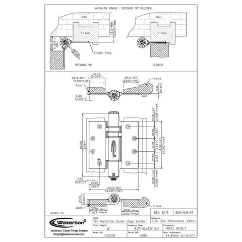 Technical drawing of a Three-pack of 4.5 inch heavy duty commercial self closing door hinges in stainless steel with a satin brushed finish.