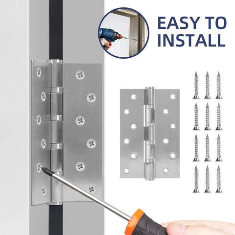 Six Pack Ball Bearing Door Hinges With Square Corners 6 X 4 Inch Heavy Duty Stainless Steel Hinges In Brushed Nickel Finish Include Mounting Screws For Exterior And Interior Doors Corrosion And Scratch Resistant Construction, shown installed on a door with screws and screwdriver.