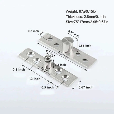 2.9 Inch Stainless Steel Hidden Door Hinges Set of 2 with 360 Degree Rotation, 304 stainless, dimensions and weight shown.