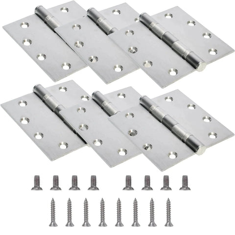 6-Pack 4.5 inch X 4.5 inch Heavy Duty Commercial Door Hinge Thickened, with Silent Steel Plain Ball Bearing, Thickness 3 mm Stainless Steel, Square Corners, Silver, with 48 Screws