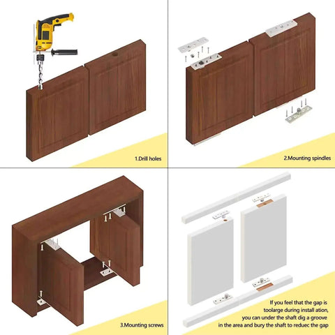 Installation guide for 2.9 Inch Stainless Steel Hidden Door Hinges Set of 2 With 360 Degree Rotation and countersunk holes on wood panels.