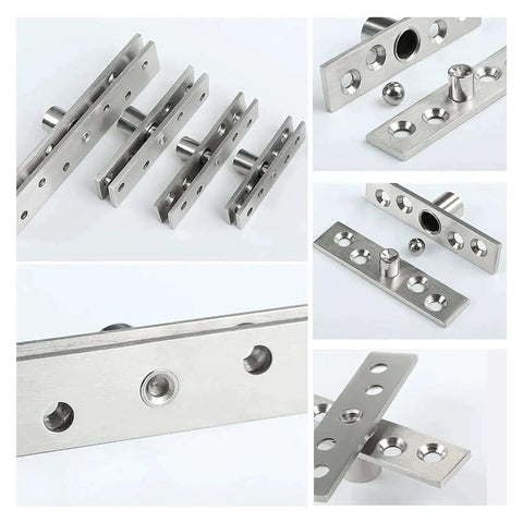 2.9 Inch Stainless Steel Hidden Door Hinges Set of 2 With 360 Degree Rotation, various angles showing thickened construction and countersunk holes