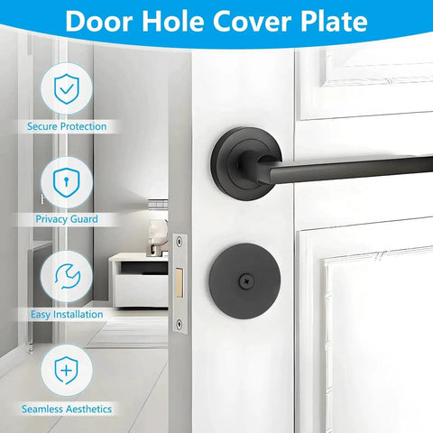 Premium stainless steel door hole cover plates guard entry doors from tampering, conceal unused deadbolt hardware, and boost security, privacy, and curb appeal with two sturdy, easy to install plates that include screws visible on a door.