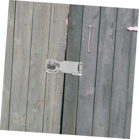 Stainless steel heavy-duty door latch hasp mounted on a weathered wooden deck; marine-grade boat hardware.