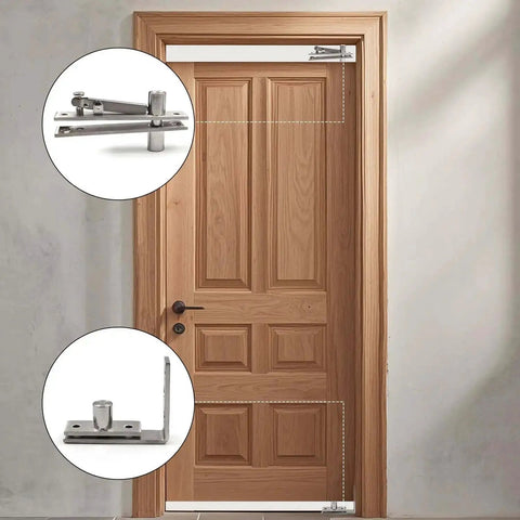 Heavy Duty Stainless Steel Wood Door Pivot Hinges Built Tough With 180 Degree Rotation Adjustable Swing Mount L Shape Design installed on a wood door.