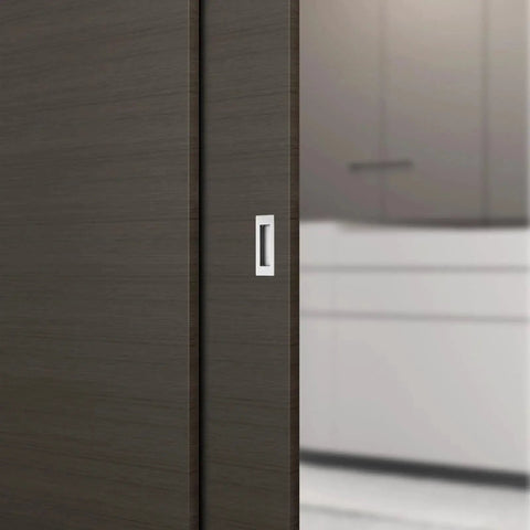 6 Inch Recessed Finger Flush Pulls For Pocket Doors Sliding Doors Closets And Barn Doors Hardware In Brushed Nickel Silver Made From 304 Stainless Steel With Moisture Proof And Rust Resistant Construction, Wear Resistant, Heavy Duty And Durable, 2 Pack installed on a dark wood sliding door.