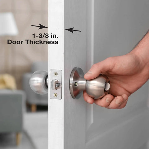 Stainless steel door reinforcement plate adds durable latch-area protection for 1-3/8 inch doors, installed view.