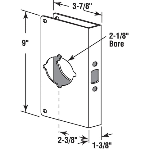 Diagram of a stainless steel door reinforcement plate for 1-3/8 inch doors with dimensions, showing durable latch-area protection.
