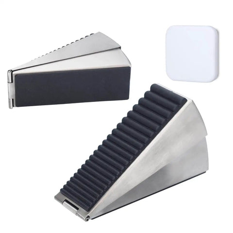 Built Tough Door Stop Wedge With Adjustable 0.5 To 3 Inch Gap Anti Slip Base And Silencer Pad Floor Scratch Guard Noise Reduction For Heavy Doors At Home And Office, featuring stainless steel material and a ribbed anti-slip surface.