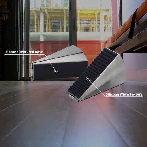 Built Tough Door Stop Wedge With Adjustable 0.5 To 3 Inch Gap Anti Slip Base And Silencer Pad Floor Scratch Guard Noise Reduction For Heavy Doors At Home And Office, shown side view with silicone wave texture on wood floor.
