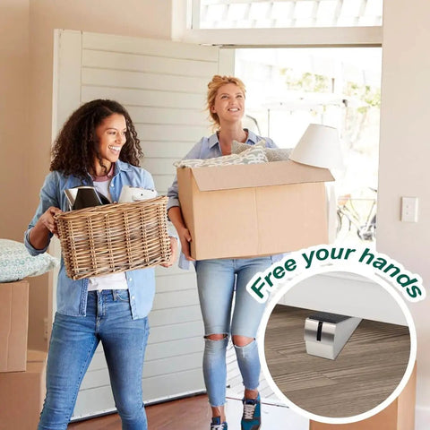 Built Tough Door Stop Wedge With Adjustable 0.5 To 3 Inch Gap Anti Slip Base And Silencer Pad Floor Scratch Guard Noise Reduction For Heavy Doors At Home And Office in use holding open a door while people move boxes.