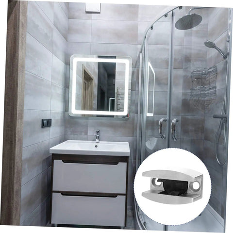 Bathroom with a shower and sink plus an inset image of a stainless steel bathroom door stopper silences drafts, reduces noise, and keeps doors secure with easy under door installation, adjustable locator, and durable, low-profile design for a quiet, comfortable home.