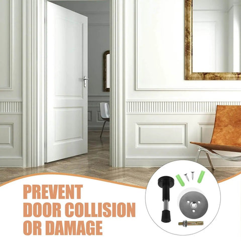Stainless Steel No Drill Door Stopper Wall Mount Silencer Draft Blocker in modern room setting with installation kit