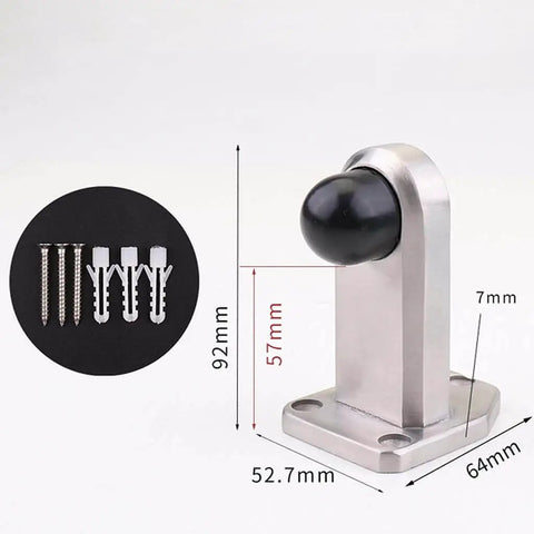 Stainless Steel Door Stopper Heavy Duty Buffer With Rubber Silencer For Quiet Door Closures Durable Solid Construction Anti Collision Stop Noise Reduction For Doors And Furniture Hardware, shown with screws and wall plugs, dimensions included.