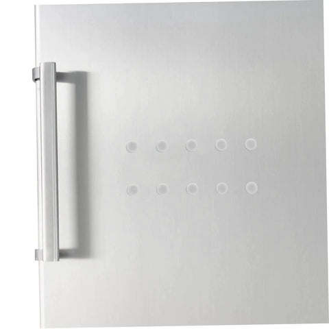 Stainless steel door panel with vertical handle, featuring a sleek, modern design and visible circular indentations.