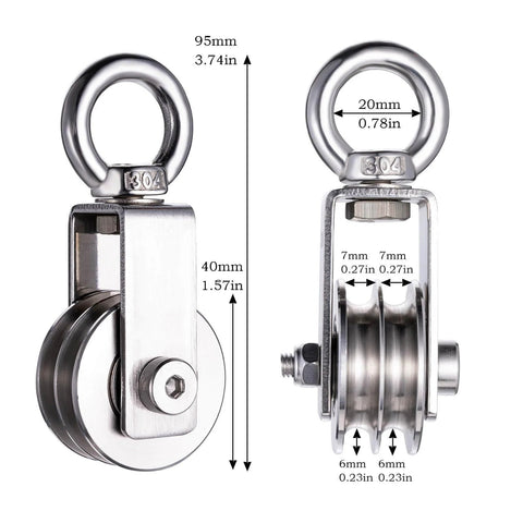 Front and side view of SHINICO Double Cable Pulley Block Heavy Duty Stainless Steel, Bearing Inside, Swivel Single Pulley Wheel, Loading 550lb, 1 Pack showcasing dimensions and details.