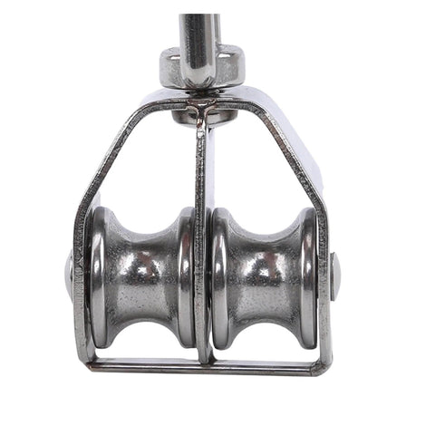 Close-up of M25 Stainless Steel Pulley Single/Double Wheel Swivel Lifting Rope Pulley Set with two wheels.
