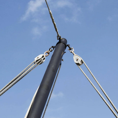 2pcs M50 Double Pulley Block, Stainless Steel Swivel Rigging Lifting Wheel Fixed Pulley in use on outdoor rigging.
