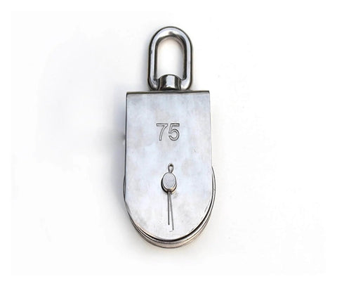 Front view of M15 stainless steel double-sheave pulley block with swivel top for rope & cord systems, made from corrosion-resistant 304 stainless steel.