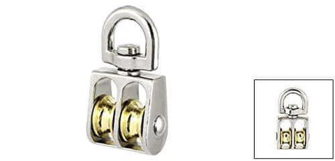 13mm Diameter Stainless Steel Double Sheave Swivel Eye Rope Pulley, front view, showing metal construction and double sheave design.