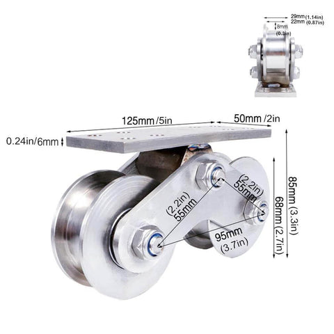 Stainless steel Double Wheel Track Pulley, High Load Bearing, with Slot Width 22mm for Industrial Mechanical use, front view.