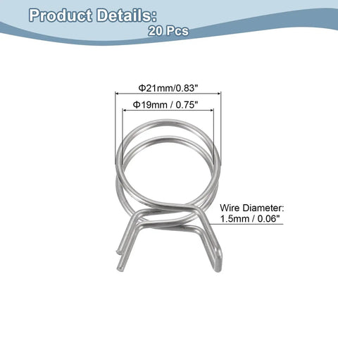 Stainless steel double wire spring hose clamps kit, 20 pieces, 19 mm inner diameter opens to 21 mm, close-up view.