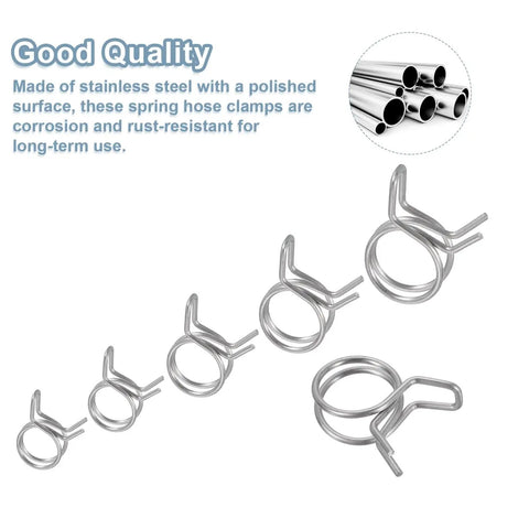 Stainless steel double wire spring hose clamps kit, 20 pieces, 19 mm inner diameter opens to 21 mm, displaying various sizes.